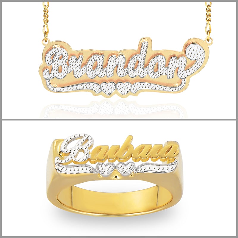 Two-tone Double Heart Personalized Custom Name Ring and Double Plate Necklace Set-silviax