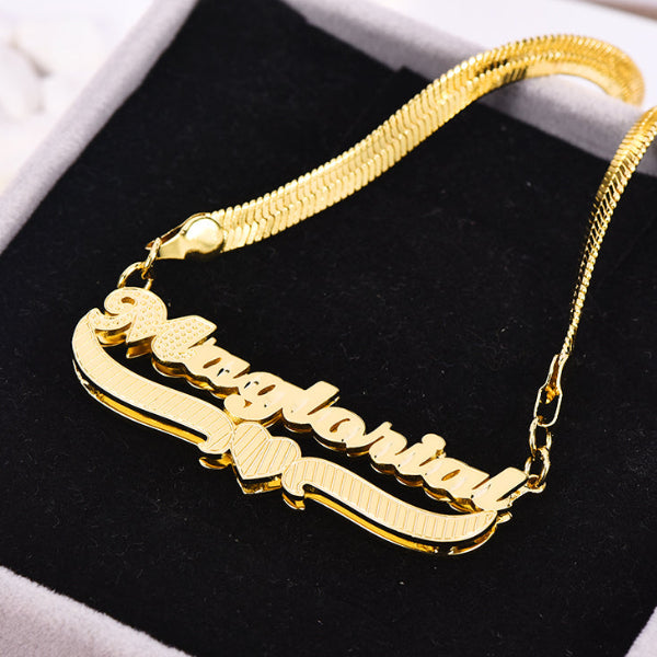 Double Layer Heart Nameplate with Herringbone Snake Chain Name Necklace And Bamboo Earrings Set-silviax