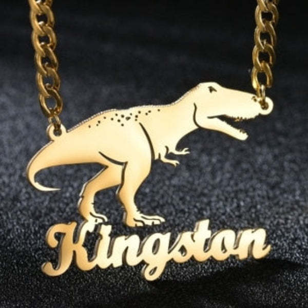 Dinosaur Nameplate Pendant Personalized Custom Gold Plated Name Necklace-silviax