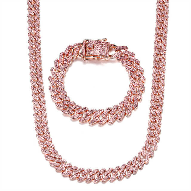12mm Rose Gold Cuban Chain Necklace and Bracelet Set-silviax