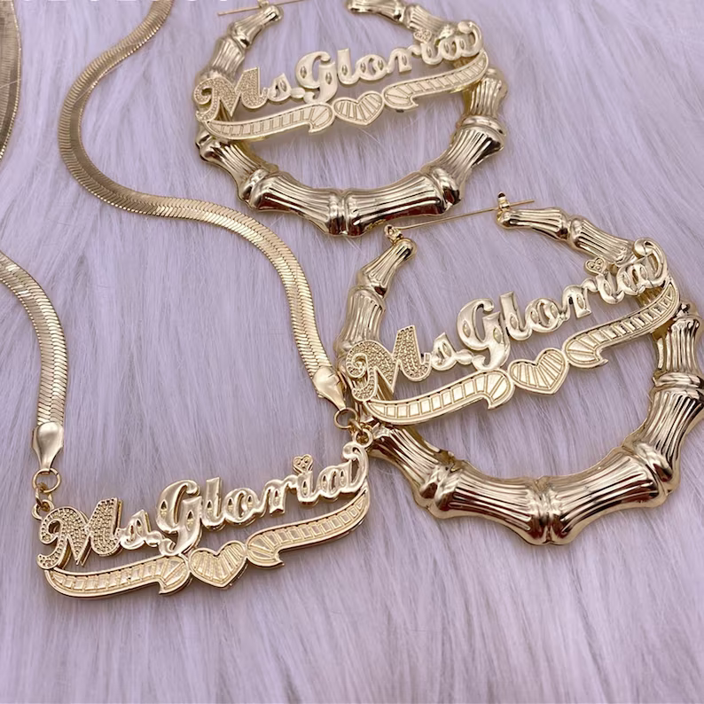 Double Layer Heart Nameplate with Herringbone Snake Chain Name Necklace And Bamboo Earrings Set-silviax