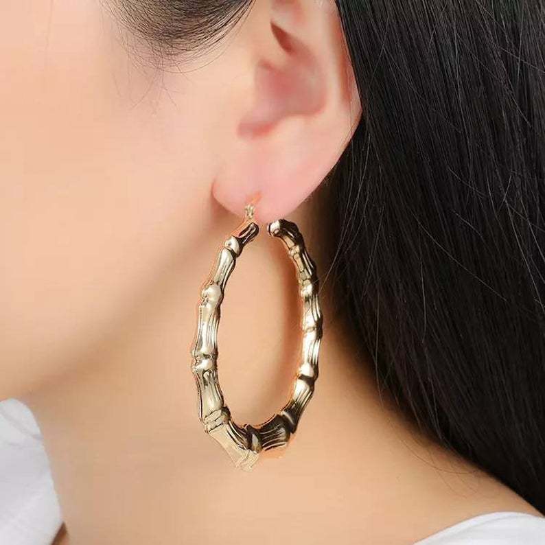 Women's Gold Plated Bamboo Hoop Earrings-silviax
