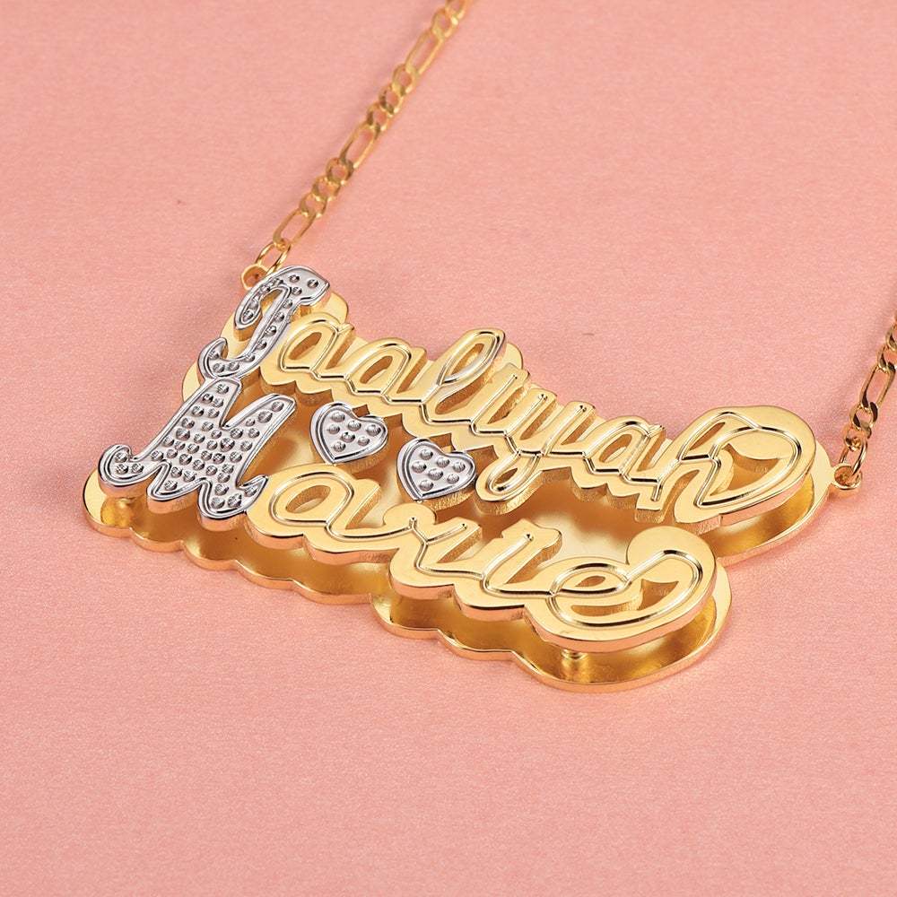Double Layer Two Tone with Two Hearts Personalized Custom Gold Plated Name Necklace-silviax