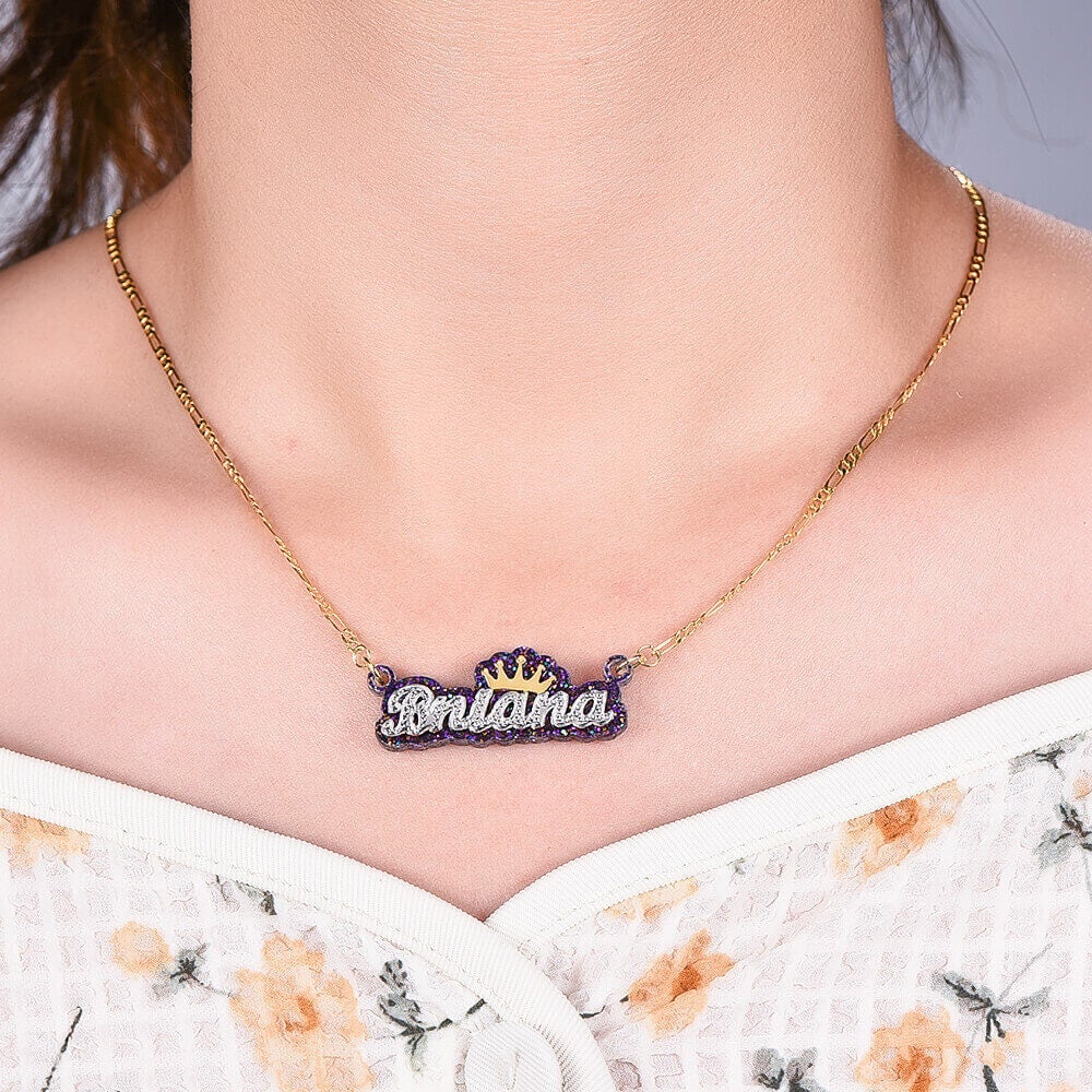 Acrylic Double Plate Two Tone Nameplate with Crown Personalized Custom Gold Plated Name Necklace-silviax