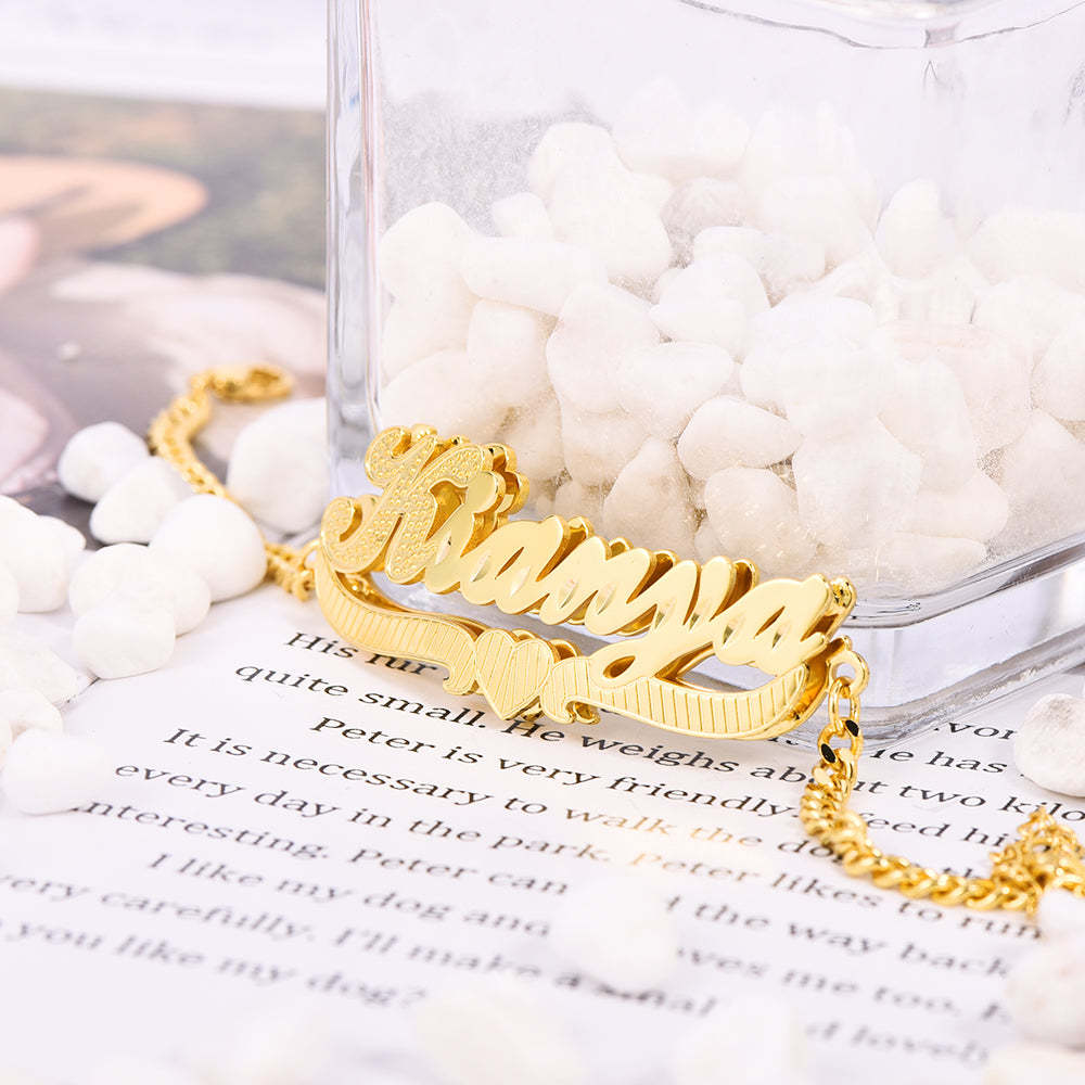 Double Layer With Heart Nameplate Personalized Custom Gold Plated Name Necklace and Bracelet Set-silviax