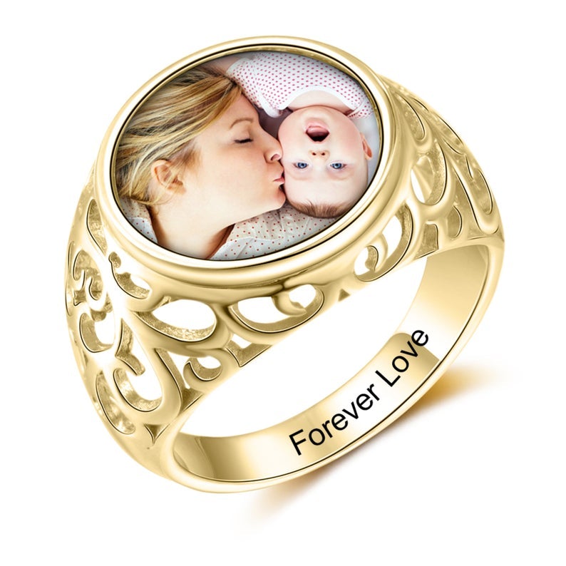 Round Photo Engraved Name Personalized Custom Gold Plated Photo Ring-silviax