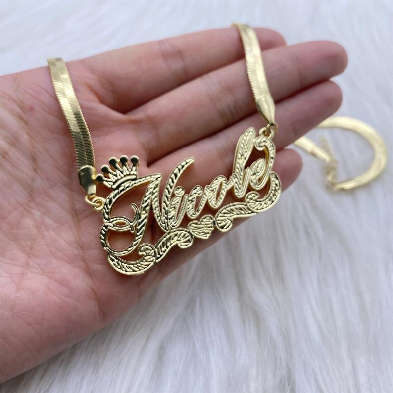 Double Layer Nameplate Crown Heart Personalized Custom Gold Plated Snake Chain 3D Name Necklace-silviax