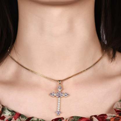 Purple Zircon Cross Pendant Necklace Gold Plated-silviax