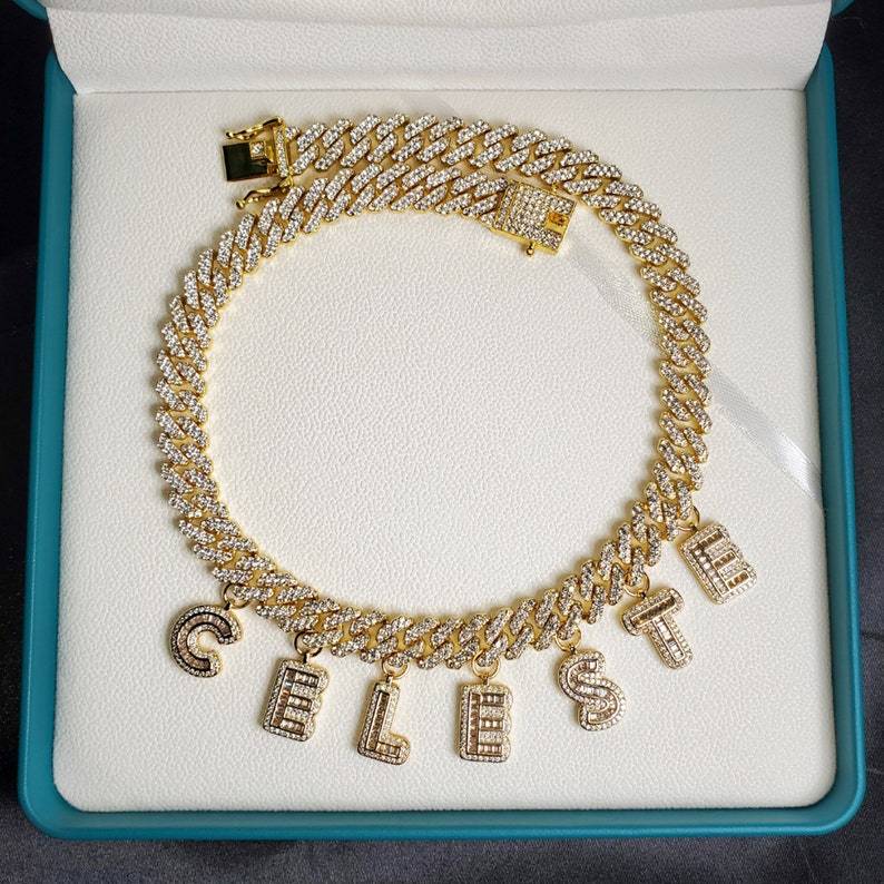 Hip Hop Cubic Zirconia Capital Letter Choker Cuban Chain Necklace-silviax