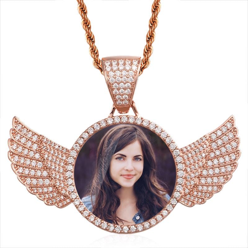 Angel Wings Round Pendant Customized Gold Plated Photo Necklace-silviax