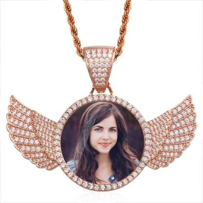 Angel Wings Round Pendant Customized Gold Plated Photo Necklace-silviax