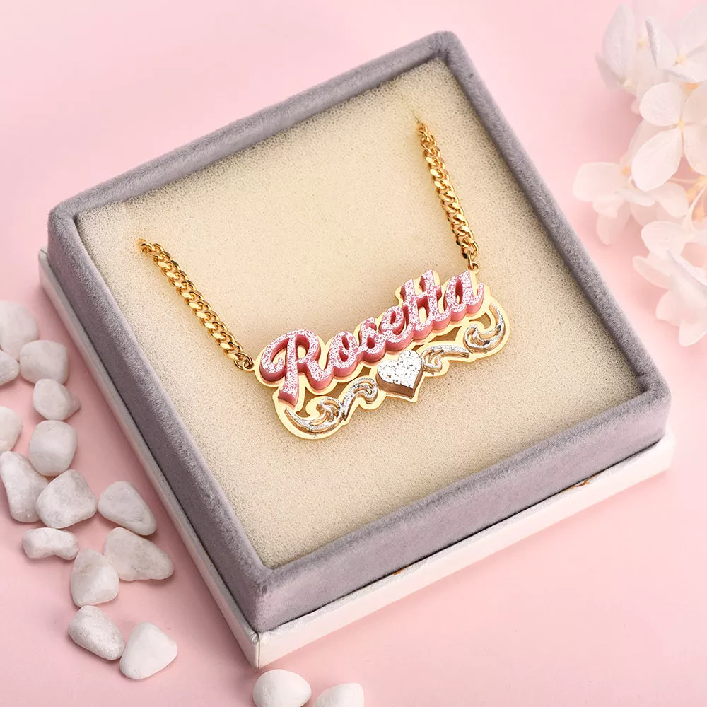 Pink Smile Maitreya Buddha Pendant Necklace And Double Plate Pink Acrylic Nameplate with Heart Personalized Name Necklace Set-silviax