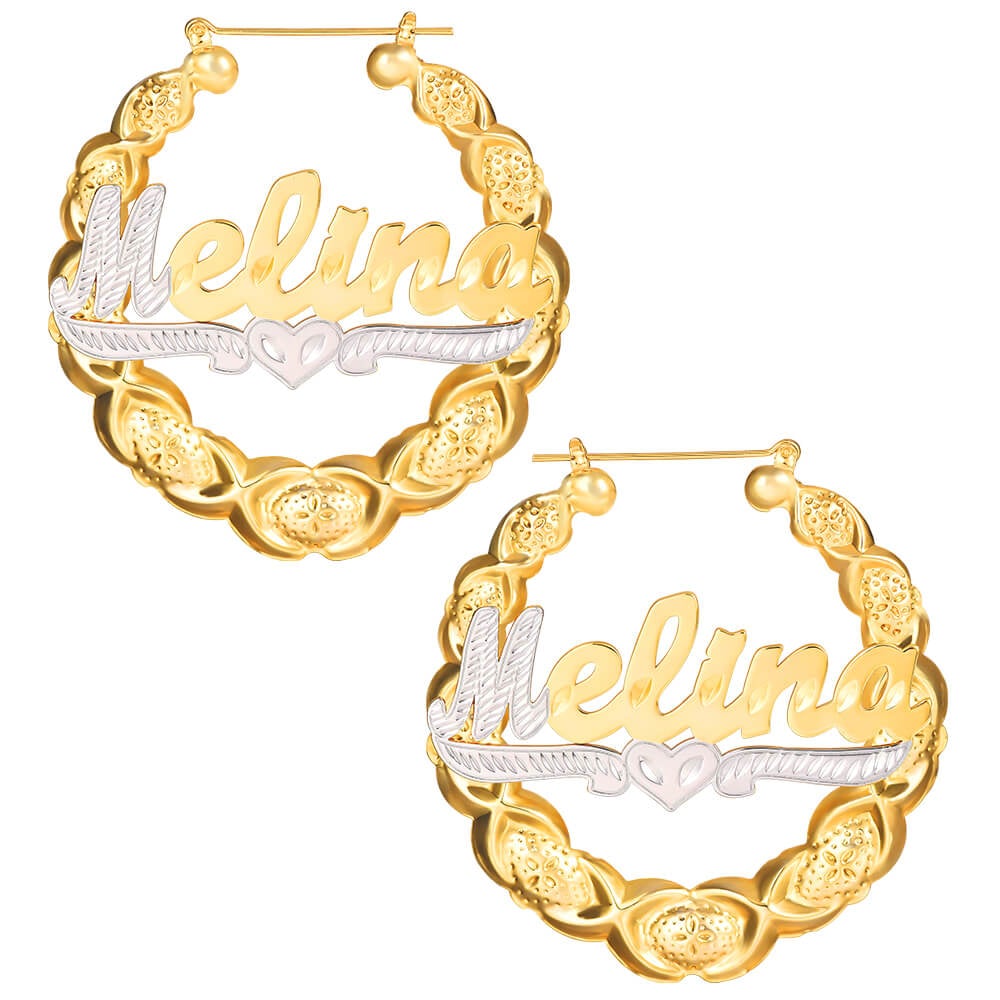 Two Tone XOXO Bamboo Earrings with Heart Personalized Custom Gold Plated Name Earrings-silviax