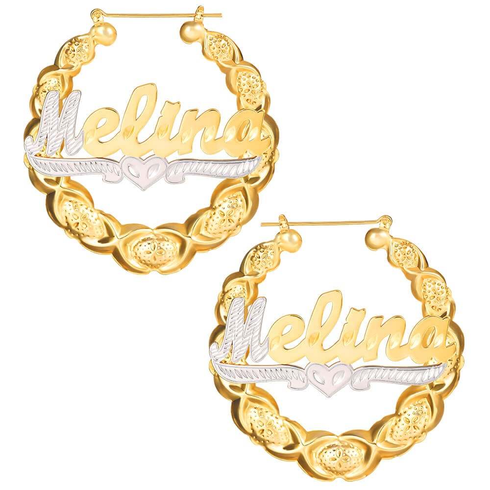 Two Tone XOXO Bamboo Earrings with Heart Personalized Custom Gold Plated Name Earrings-silviax