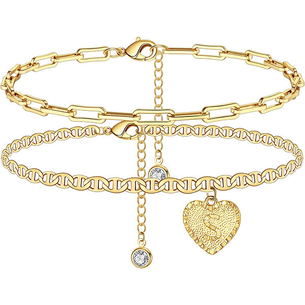 Personalized Double Layer Engraved Letter Initial Heart Anklets with Link Chain-silviax