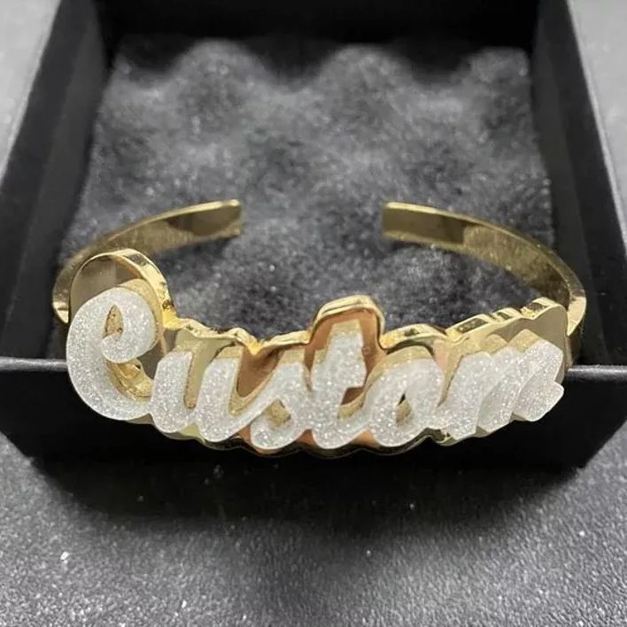 Acrylic Nameplate Personalized Custom Gold Plated Bangle Bracelet-silviax