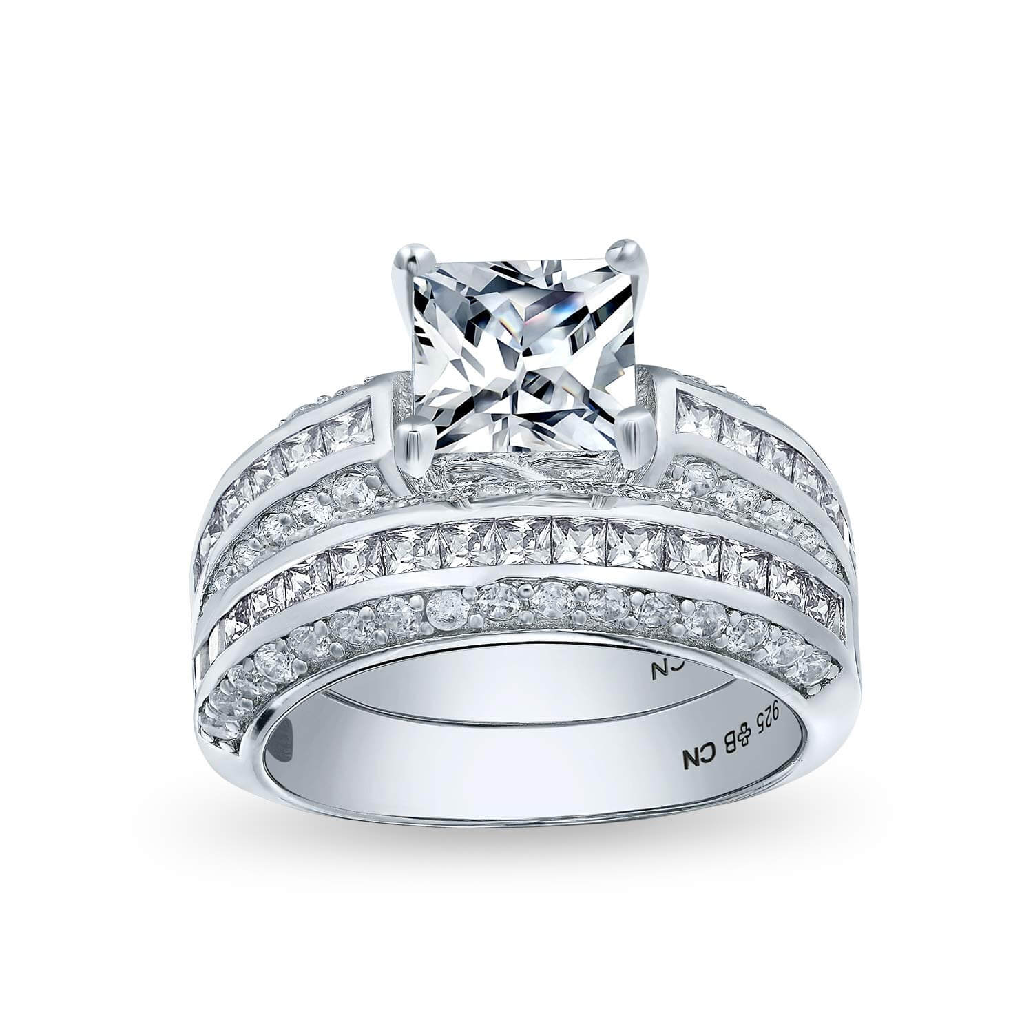 Sterling Silver Radiant Cut CZ Wedding Ring Set with Custom Name-silviax