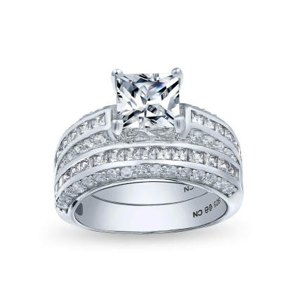 Sterling Silver Radiant Cut CZ Wedding Ring Set with Custom Name-silviax