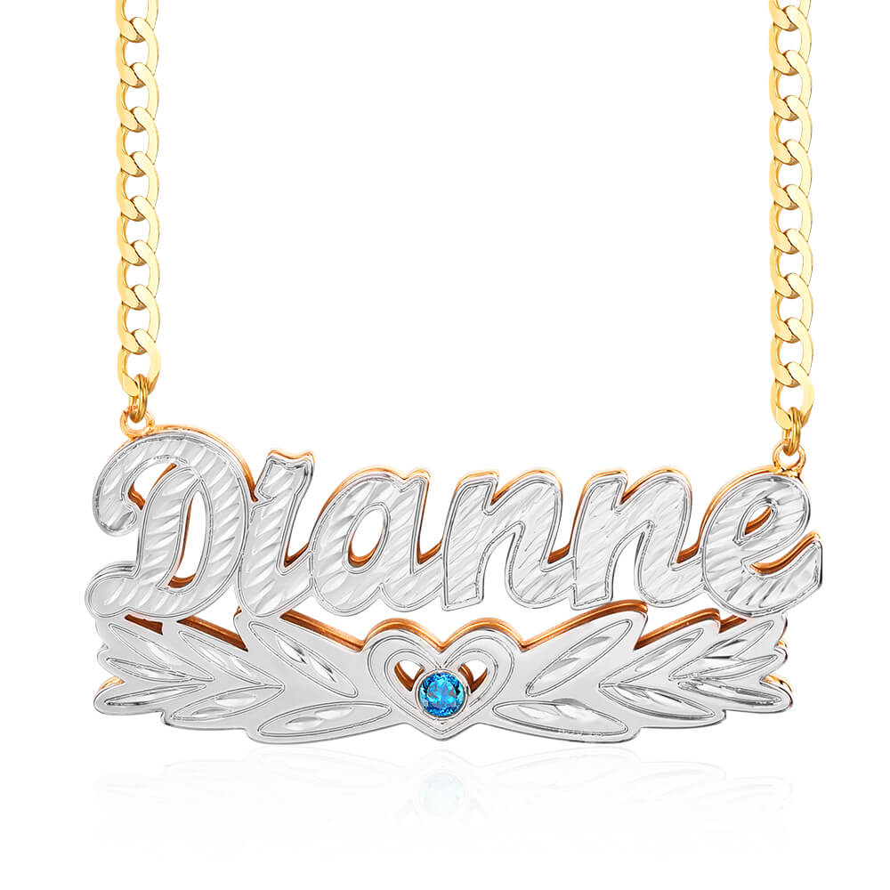 Double Layer Two Tone Wing Heart Nameplate with Birthstone Personalized Custom Gold Plated Name Necklace-silviax