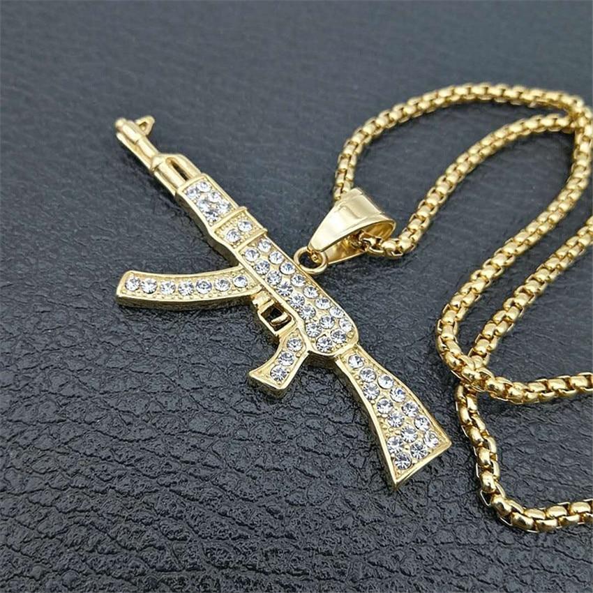 Hip Hop Iced Out Rhinestones Gold Plated AK47 Gun Pendant Necklace-silviax