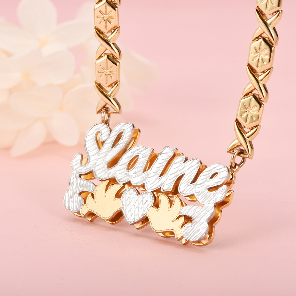 Double Layer Two Tone with Two Birds and Heart Personalized Custom Gold Plated Name Necklace XOXO Chain-silviax
