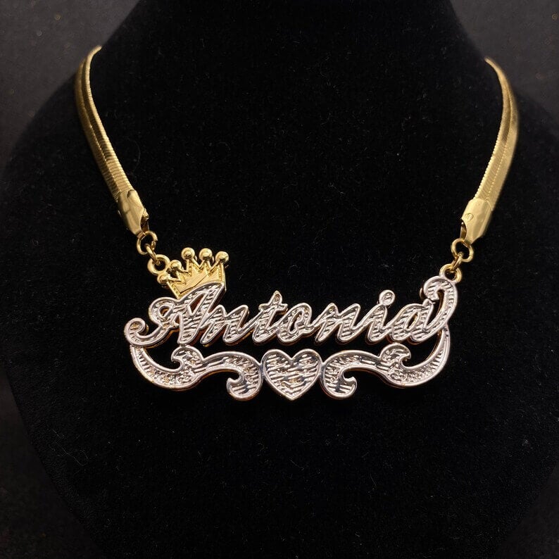 Double Layer Two Tone Crown Heart with Snake Chain Personalized Custom Gold Plated Name Necklace-silviax