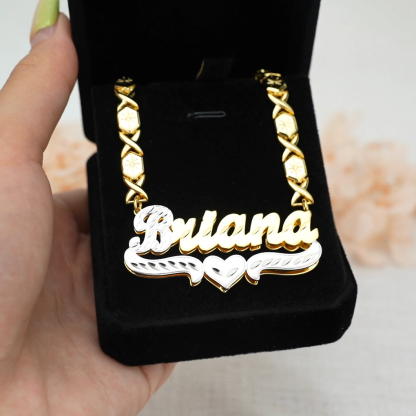 XOXO Chain Personalized Double Layer Gold Plated Name Necklace with Heart 