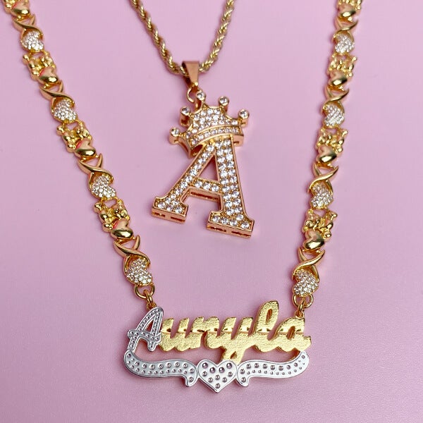 Personalized Double Layer Two Tone with Teddy Bear Heart XOXO Chain Name Necklace and Crown Initial Necklace Set-silviax
