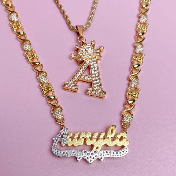 Personalized Double Layer Two Tone with Teddy Bear Heart XOXO Chain Name Necklace and Crown Initial Necklace Set-silviax