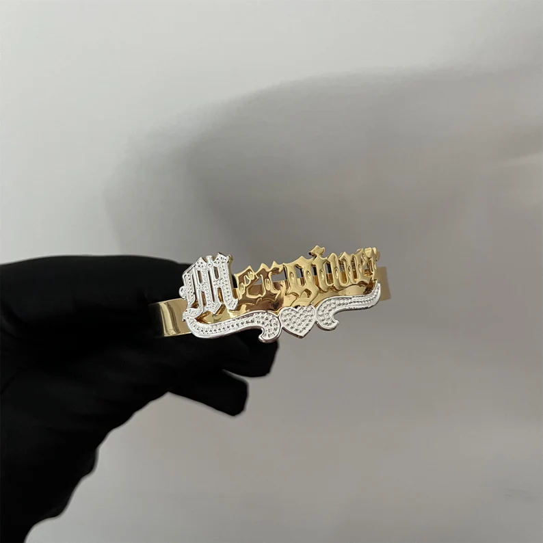 Old English Two Tone Nameplate with Crown Cuff Bangle Personalized Custom Gold Plated Name Bracelet-silviax