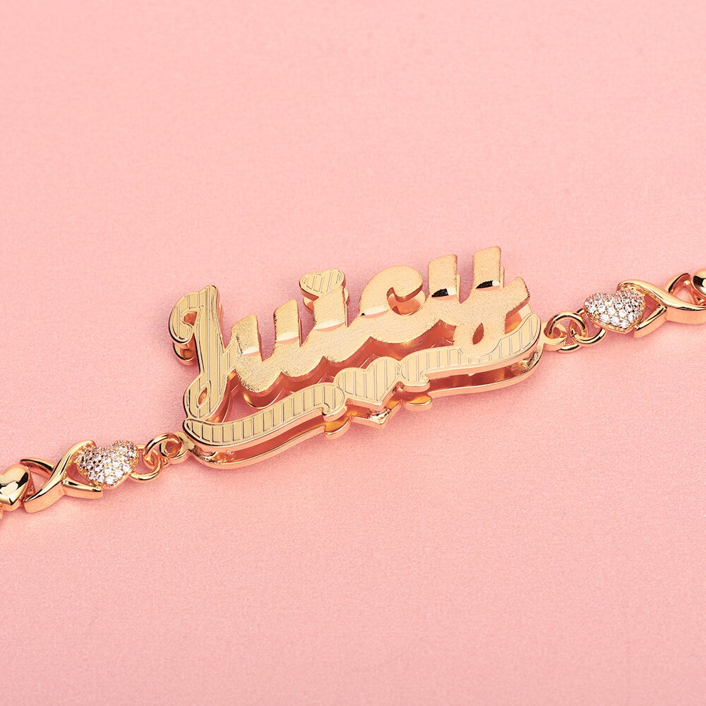 Double Layer Heart with Teddy XOXO Chain Personalized Custom Gold Plated Name Bracelet-silviax