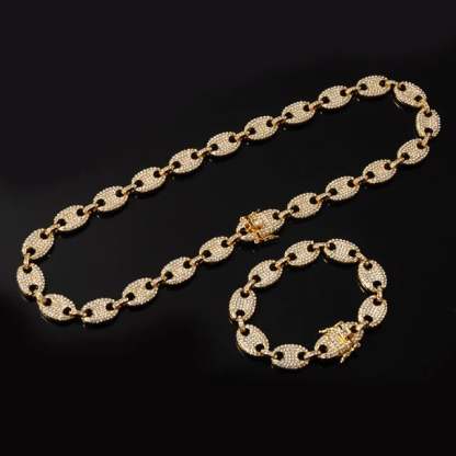 13mm Pig Nose Link Chain Gold Plated Necklace and Bracelet Set-silviax