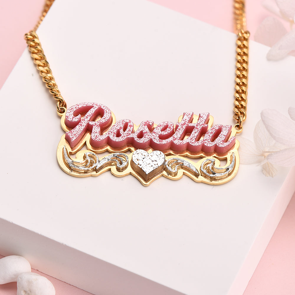 Double Plate Pink Acrylic Nameplate with Heart Personalized Custom Name Necklace-silviax
