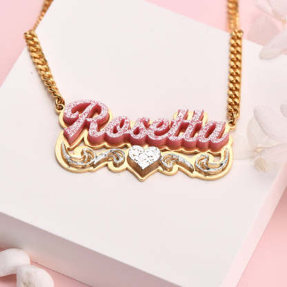 Double Plate Pink Acrylic Nameplate with Heart Personalized Custom Name Necklace-silviax
