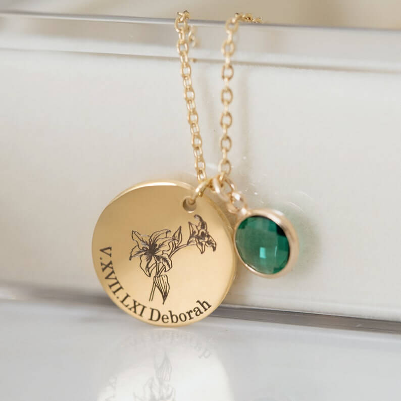 Birth Flower And BirthStone Personalized Custom Gold Plated Round Plate Engraved Necklace-silviax