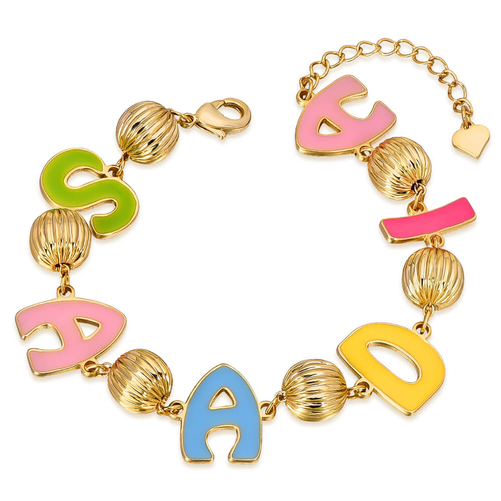 Color Enamel Capital Letter With Round Beads Personalized Custom Gold Plated Name Bracelet-silviax