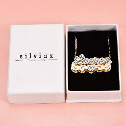 Double Plate Two Tone Nameplate Hollow Heart Personalized Custom Gold Plated Name Necklace-silviax