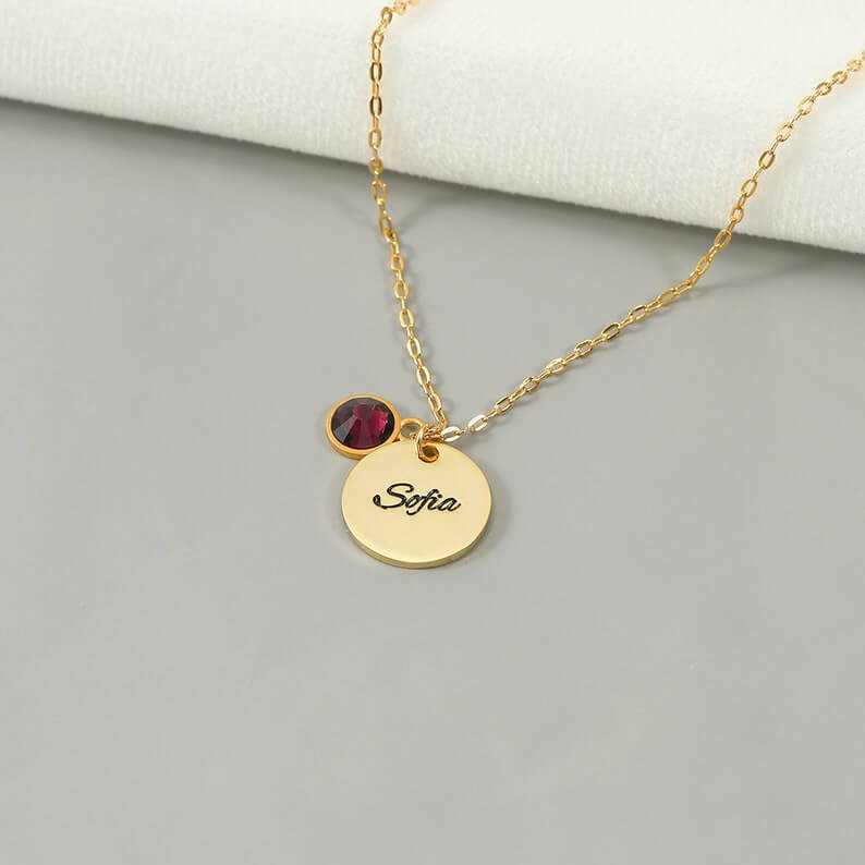 Round Pendant Engrave Name with Birthstone Personalized Custom Gold Plated Engraved Necklace-silviax