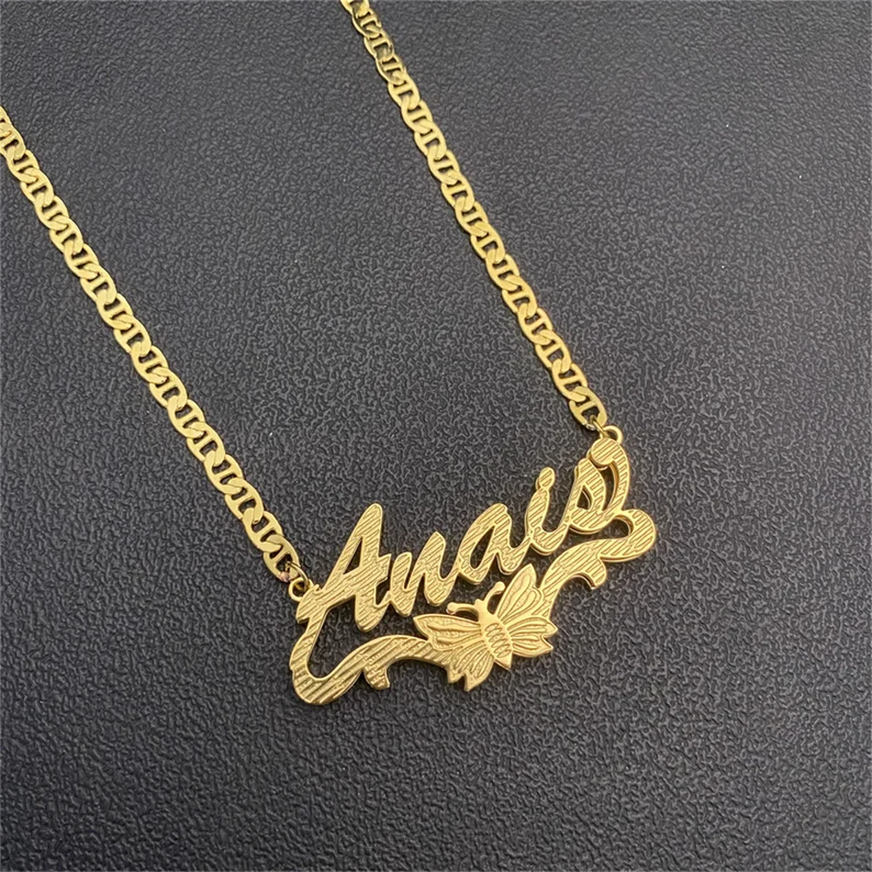 Butterfly Nameplate Double Layer Gold Plated Personalized Custom 3D Name Necklace