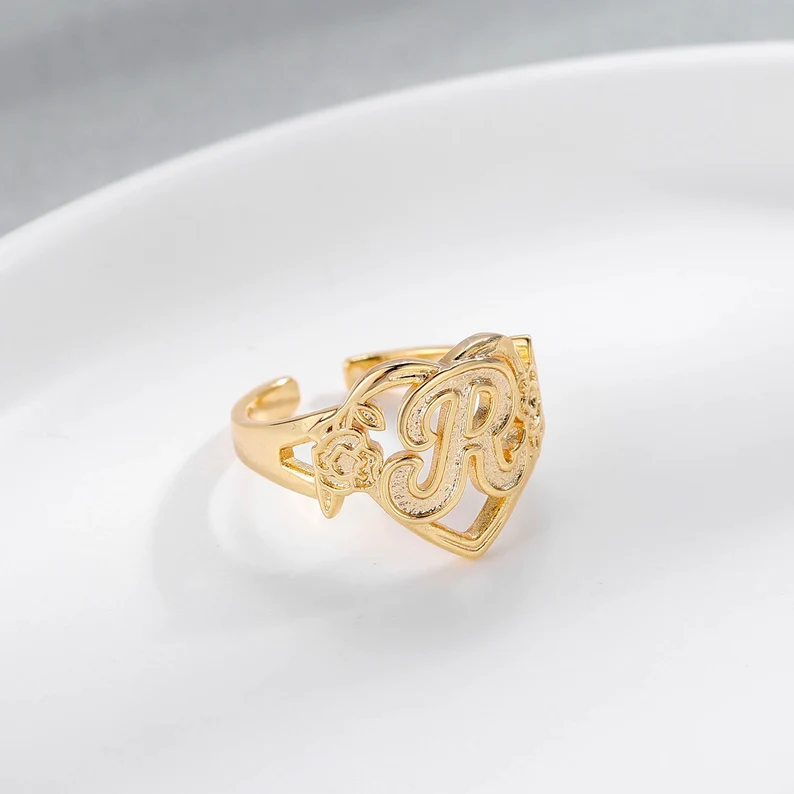 Personalized Custom Gold Plated Capital Letter Initial Heart Ring with Flowers-silviax