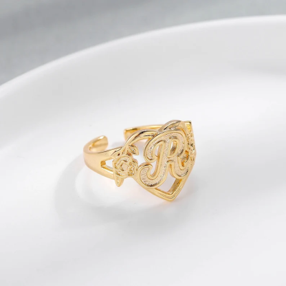 Personalized Custom Gold Plated Capital Letter Initial Heart Ring with Flowers-silviax