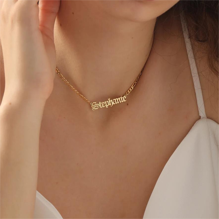 Figaro Chain Personalized Custom Gold Plated Old English Name Necklace-silviax