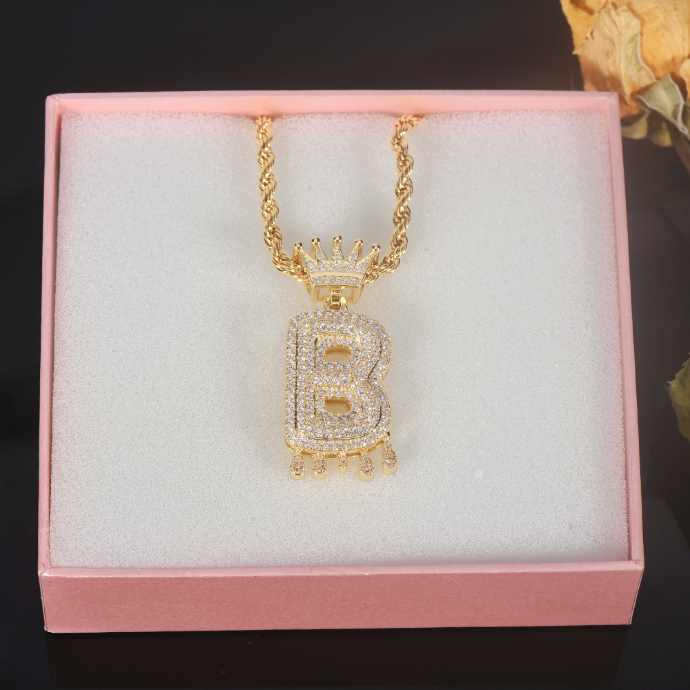 Gold Plated Crystal Dripping Crown Letter Initial Necklace-silviax