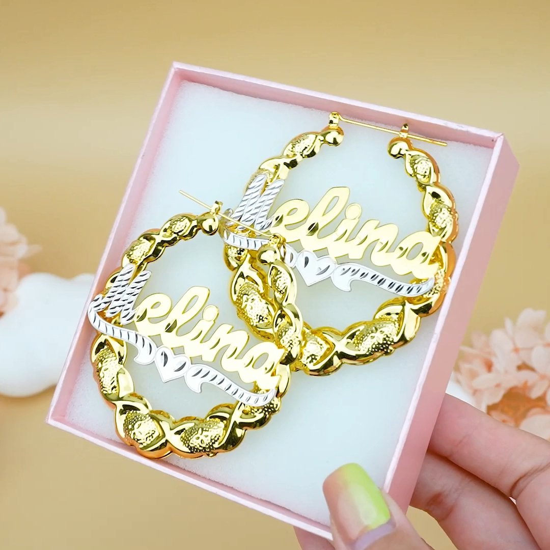 Two Tone XOXO Bamboo Earrings with Heart Personalized Custom Gold Plated Name Earrings-silviax