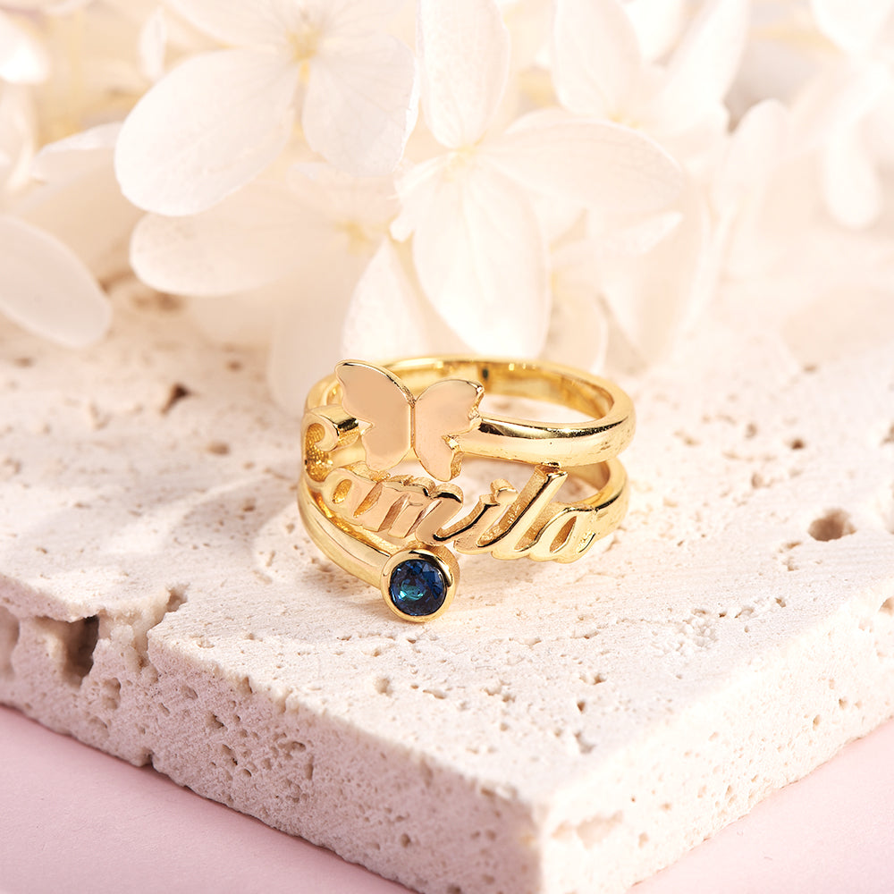Gold Plated Butterfly Personalized Custom Name Ring with Birthstone-silviax