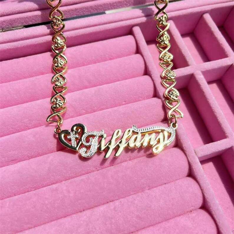 Heart and Cross Nameplate Two Tone Gold Plated Personalized Custom 3D Name Necklace
