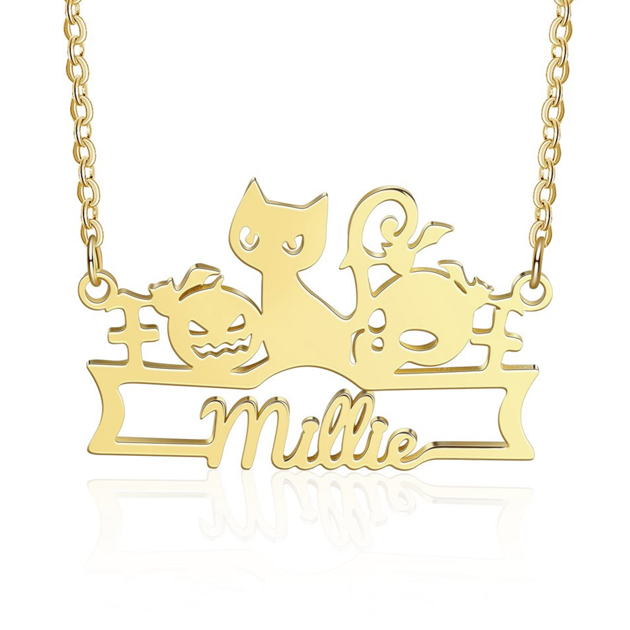 Halloween Gold Plated Personalized Custom Cat Pumpkins Name Necklace Gifts For Kids