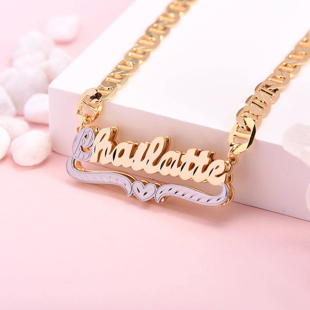 Marine Chain Personalized Double Layer Two Tone Heart Name Necklace-silviax