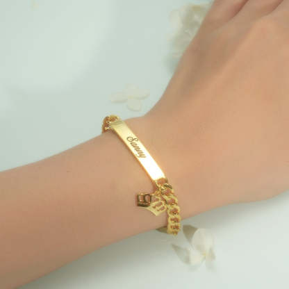 Gold Plated Personalized Cuban Chain Engraved Name Bar Bracelet with Crown Pendant-silviax