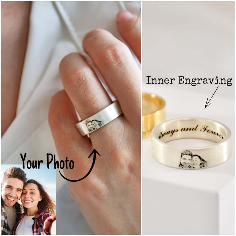 Engraving Photo and Lettering White Gold Personalized Custom Photo Ring-silviax